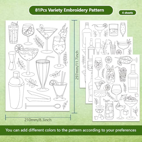 BENECREAT 4Sheets 81Pcs Cocktails Water Soluble Embroidery,11.7x8.3inch Wine Bottles and Lemon Stick and Stitch Embroidery Paper Stabilizer Hand Sewing for Shirts, Coats, Bags - color: Cocktails