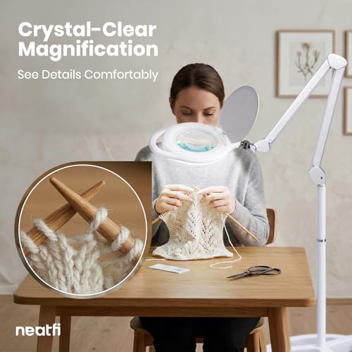 Neatfi Magnifying Floor Lamp | 2.25× (5D) Magnification | 1,000 Lumens LED | Adjustable 3000K–6500K Color Temperature | 5-Wheel Rolling Base | Reading, Crafts & Precision Work (White-2, 5 Inches) - color: White-2, size: 5 Inches