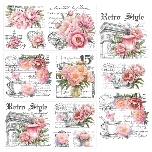 3 Sheets Peony Vintage Script Rub on Transfers for Crafts, 12×6in - style: Pink Peonies