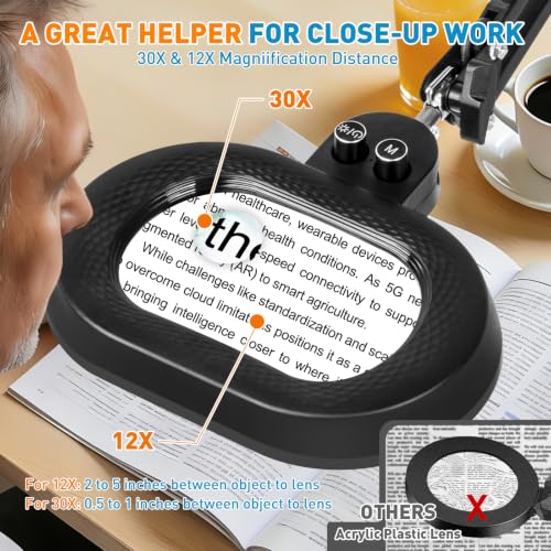 Magnifying Glass with Light and Clamp, 5in 12X 30X Extended Arm - size: 5IN-2