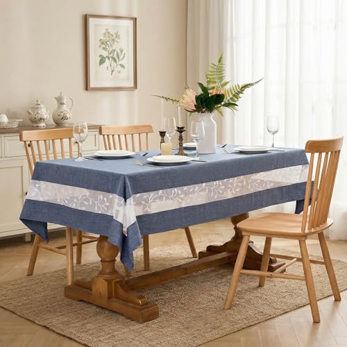 Polyester Fabric Tablecloth with Exquisite Embroidery Sheer Border-Waterproof/Wrinkle Resistant-for Dining,Indoor&Outdoor,Wedding,Holiday,Denim Blue,Rectangle 60x84Inch - color: Denim Blue, size: 84" x 60" (Rectangular)