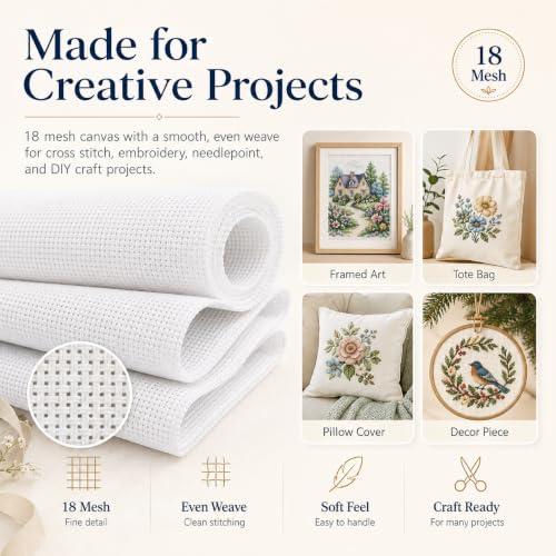 Needlepoint Canvas 13 Mesh, Cotton & Linen Blend, White, 18" x 20" - size: 13-Mesh
