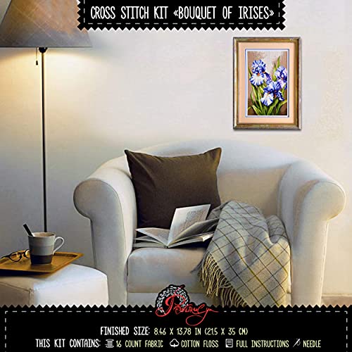 Povitrulya Counted Cross Stitch Kit ‘Purple Irises’ - DIY Hand Embroidery Set with Flower Paper Counted Pattern, Pre-Sorted Floss and 16 Count Aida Fabric - color: Purple Irises