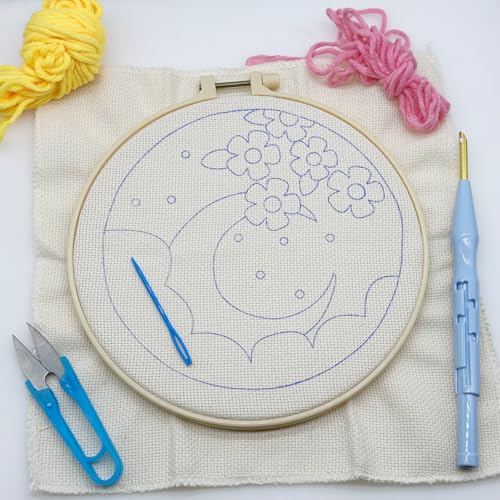Woohome Punch Needle Kit Included Plastic Hoops, Punch Needle Cloth, Color Yarn and Punch Needle Tools for Adults, Beginners (Moon and Sunflower) - color: Color 11