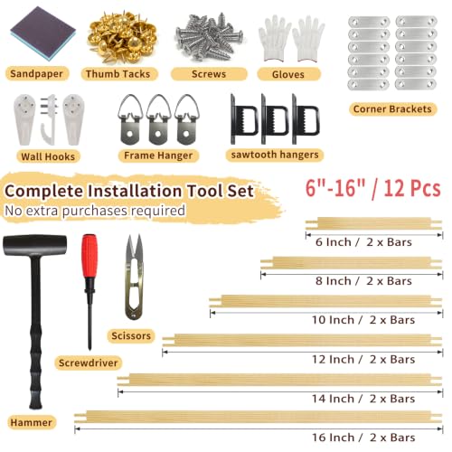 RDSPTBEK 12-Pc Needlepoint Stretcher Bars Kit for Needlework & Embroidery - color: Wood-6,8,10,12,14,16Inch 12pcs