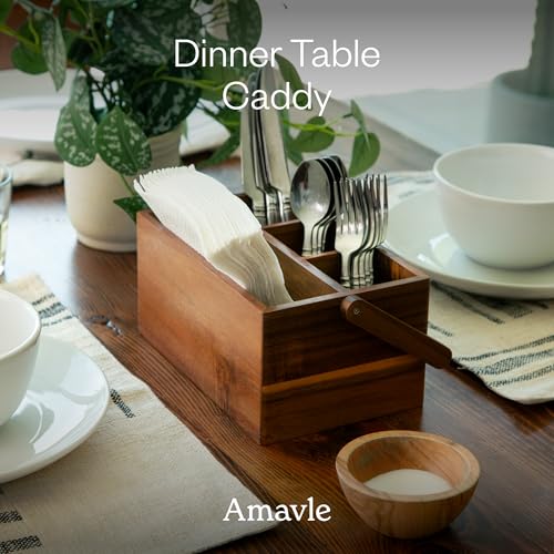 Acacia Wood Utensil Caddy with Handle, Wooden Silverware Holder, Multi-purpose Organizer for Kitchen, Office, Bathroom, Bedroom