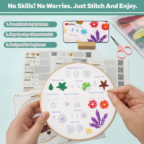 CLRDIVA First Embroidery Kit for Beginners: Pre-Printed Needlepoint Starter Kits with Complete Tools & Step-By-Step Videos Guide - Zero Stress to Learn 31 Stitches - Adults Relaxing DIY Craft Hobby