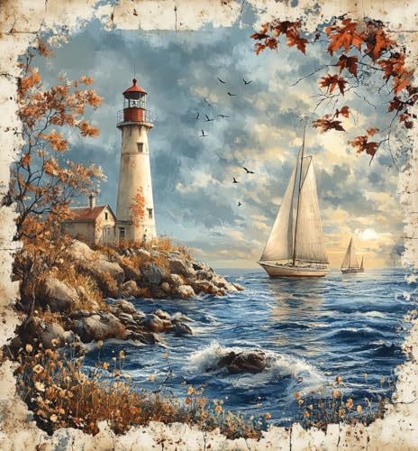 Moohue 14ct Counted Cross Stitch Kits for Adults Seaside Tower Boat Printed Stamped Cross Stitch Patterns Kits Cross Stitch Supplies (Seaside Tower Boat) - color: Seaside Tower Boat