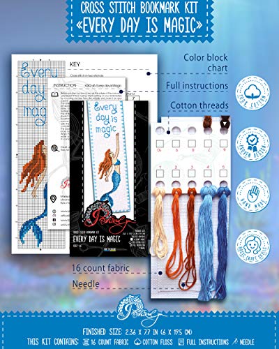 Povitrulya Counted Cross Stitch Bookmark Kit 'Mermaid - Every Day is Magic' for Hand Embroidery - color: Every Day is Magic