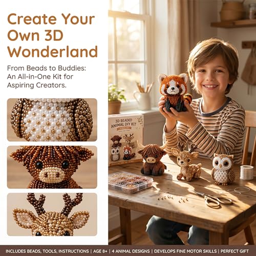 Tiny 3D Beaded Animal DIY Kit with Instruction, Animals Beading Craft Set
