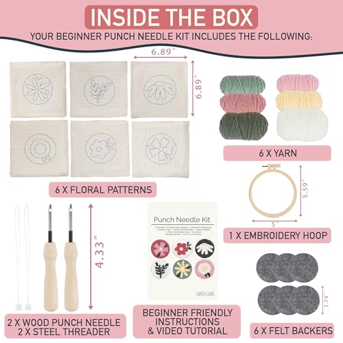 Emri Lane Punch Needle Kit – 6 Floral Design Punch Needle Embroidery Kit - color: Pink