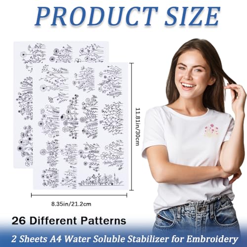 CRASPIRE 2 Sheets Flowers Grass Water Soluble Embroidery Patterns Stabilizers Hand Sewing Stick and Stitch Transfers Fabric Wash Away Pre-Printed Self Adhesive for Bags Cloth Sewing Lovers - style: 2 Sheets Flowers Grass
