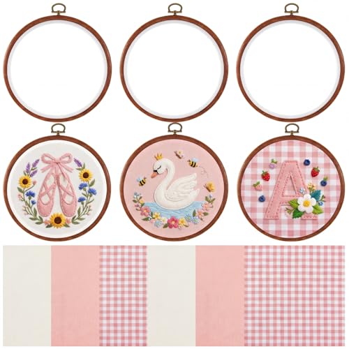 Tudomro 12 Pcs Decorative Embroidery Hoop and Fabric Set 6.7" Round Imitated Wood Cross Stitch Frame & 11.8" Pink Pre-Cut Cloth Squares for DIY Art Craft Sewing Hanging Ornament - color: Pink