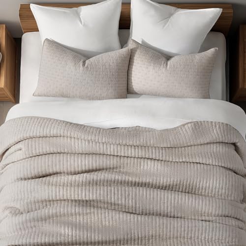 EVERGRACE 100% Cotton Cross Stitch 3-Piece Quilt Set, King, Taupe - color: Taupe, size: King/Cal King (108" X 96")