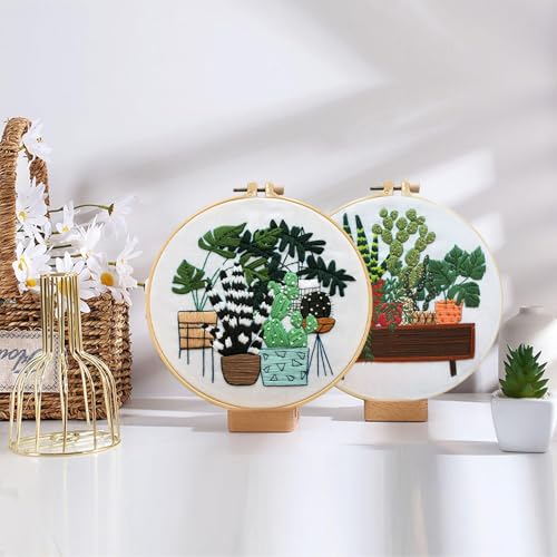 LB 3 Pack Green Plant Leaf Embroidery Kit for Beginners Succulent Cactus Beginner Embroidery Kit for Adults DIY Starter Kit with Embroidery Hoop Colorful Threads Tools - color: Black