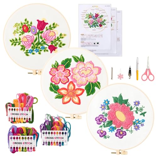 Embroidery Kit for Beginners – Set of 3 Floral Patterns with Hoops, Threads, Needles & Instructions, DIY Hand Embroidery Starter Kit for Adults