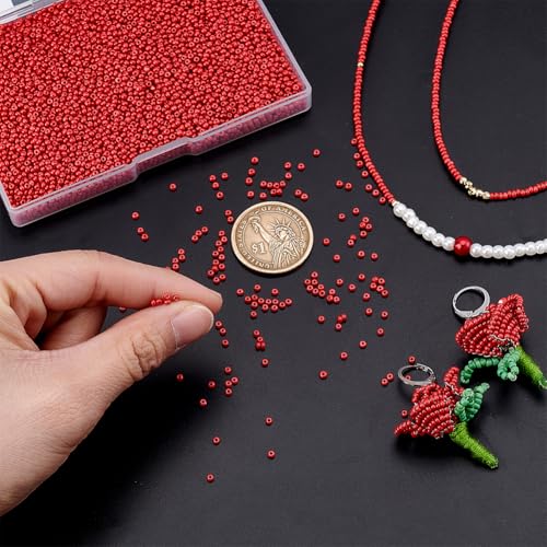 PH PandaHall 6000 Pcs 11/0 Glass Seed Beads, 2mm Seed Beads Red Round Waist Bead Mini Spacer Small Red Bead for Earring Choker Bracelet Neckalce Waist Chain Jewelry DIY Crafts Making - color: Red-6000 Pcs