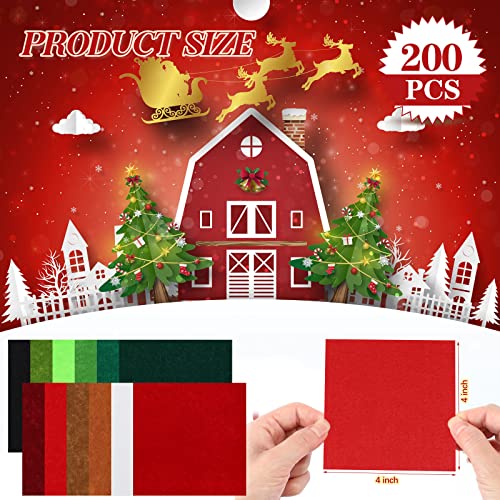 Macarrie 200 Pcs Christmas Felt Fabric Sheets 4x4 Inch 1mm Thick