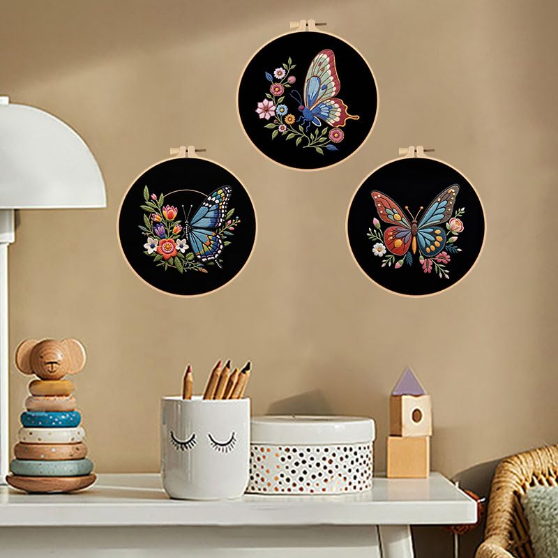 Konrisa Flower Butterfly Embroidery Kits for Adults, Stamped Embroidery Starter Kit with Hoop,DIY Sewing Needlepoint Cross Stitch Kit, Set of 3 - color: black