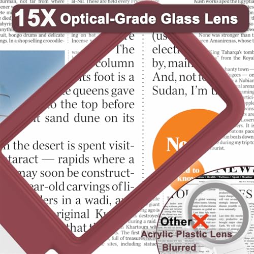 15X Magnifying Glass with Light and Stand, Real Glass Lens, Rechargeable Foldable Handheld Magnifier, 3 Color Modes Dimmable Lighted Page Magnifier for Reading Fine Prints, Seniors - Red White - color: Red White