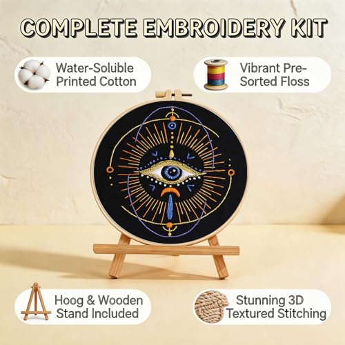 Qupace 3 Pcs Black Evil Eye Embroidery Kits for Beginners Adults,Stamped Cross Stitch Craft Set with 3 Embroidery Hoops & Finished Stands, Halloween Embroidery Wall Decoration - color: Brown