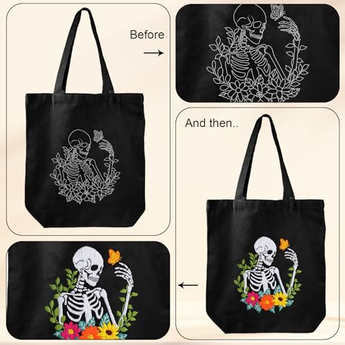 Louise Maelys Halloween Embroidery Kit Canvas Tote Bag, Skull Floral - color: skull flower