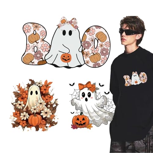 Halloween Iron on Transfers Pumpkin Bow Iron on Patches 3 Sheets Fall Floral Heat Transfer Vinyl Designs Cute Ghost with Flower Iron on Decal for Hat Women&Men T-Shirt Pillow Canvas Bag DIY Decor - size: S1