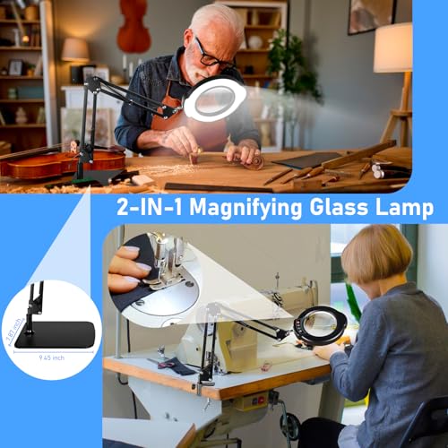 10X Magnifying Glass with Light and Stand, LED Desk Lamp with Base and Clamp, 5 Color Mode, 10 Dimmable Levels, Hands Free for Reading Crafts Jewelry Sewing Close Work - color: Black, size: Standard Base & Clamp