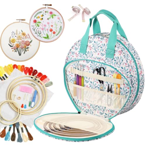 Embroidery Project Bag, Embroidery Supplies Storage Carrying Tote Case with Multiple Pockets and Handle, Cross Stitch Bag, Double Layer Embroiderys Project Bags for Floss Hoops Thread (Lake Blove) - color: Lake Blove