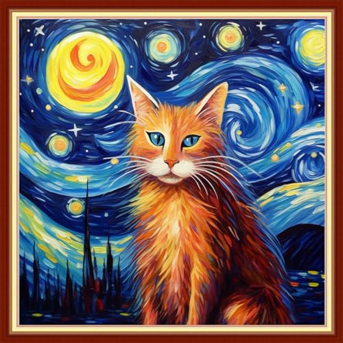 Disxvivy Cross Stitch Stamped Full Embroidery Kits DIY 11CT Cotton Thread Printed DIY Needlepoint Kits Craft Needlework Set Cross-Stitch Stamped Sets-Cat Starry Sky 18x18 inch - color: Artstyle24