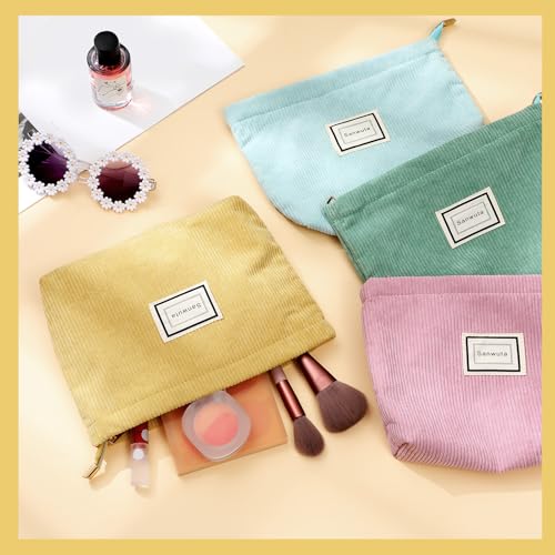 Sanwuta 4 Pack Velvet Corduroy Makeup Bag Zipper Pouch,Macaron Series,Plaid - color: Macaron Series