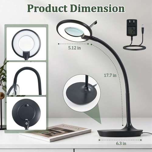 3X+6X Magnifying Glass with Light and Stand, Dimmable LED Magnifying Lamp - color: Black