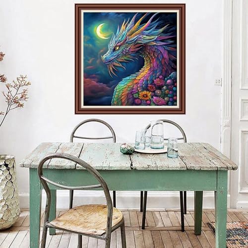 Dimxvean Counted Cross Stitch Kits for Adults,11CT Unprinted Cross-Stitch Pattern Embroidery Kit Cross Stitching Kit Supplies Needleworks Set-Moon Dragon 18x18 inchs - color: SetColor15