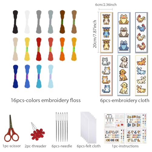 FREEBLOSS 6 Set Cross Stitch Bookmark Kit Cross Stitch Kit Farm Animals Stamped Cross Stitch Bookmark with Instruction Cross Stitch Kits for Adults DIY Bookmark Kit 8.7''x3.15'' - style: Animals