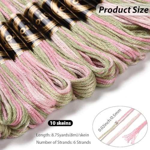 10 Skeins 6 Strands Pink Green Hand Variegated Embroidery Floss Gradient Cross Stitch Thread Friendship Bracelet String Yarn Bracelets Threads Bulk for Sewing Crochet Crafts Stitching DIY - color: Dark Sea Green