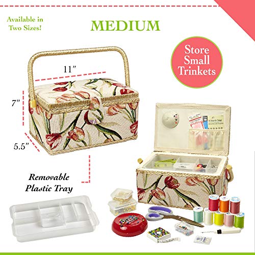 Sewing Basket with Tulip Floral Print Design- Sewing Kit Storage Box with Removable Tray, Built-in Pin Cushion and Interior Pocket - Medium - 11" x 7" x 5.5" - by Adolfo Design - color: Tulip, size: Medium - 11" x 7" x 5.5"