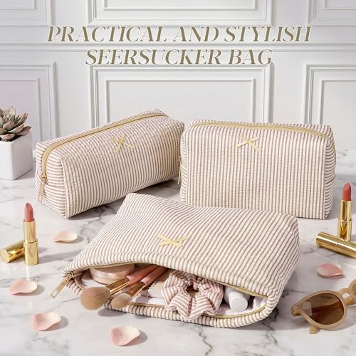 Sanwuta 3 Pcs Seersucker Pouch Cosmetic Bag Set,Khaki - color: Khaki
