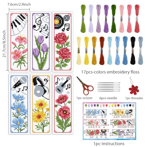 INFUNLY 6pcs Flower Music Cross Stitch Bookmark Kit for Beginners DIY Lily Tulip Roses Daisy Stamped Embroidery Bookmark Kits Piano Note Record Needlepoint Kit with Instruction for Book Lovers Readers - style: Flower Music