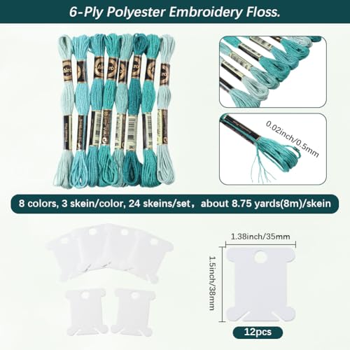 24 Skeins 6 Strands Green Embroidery Floss Threads Variegated Gradient Cross Stitch Thread Friendship Bracelets String Bulk with 12 Floss Bobbins for Hand Sewing Knitting Craft Stitching Diy - color: Green