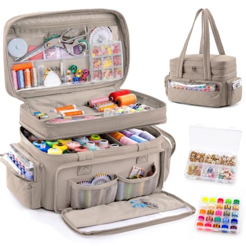 AMOIGEE Puffy Double-Layer Sewing Storage Bag with 2 Clear Organizer Boxes - color: Greige