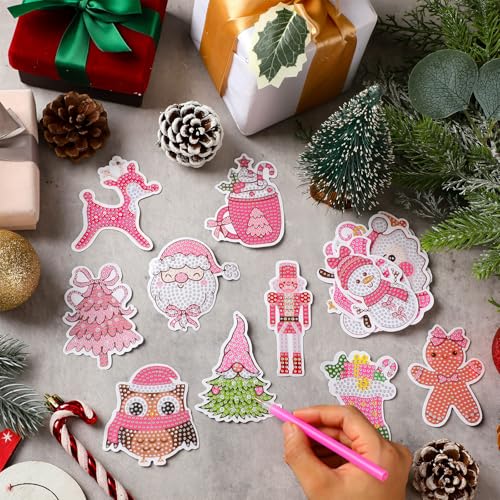 Hungdao 64 Pcs Diamond Art Christmas Ornaments Kits Diamond Art Painting Kits DIY Keychains for Adults 5d Bulk Winter Hanging Ornament Snowman Santa Claus Home Xmas Tree Craft Gift Decor(Classic Pink) - style: Classic Pink