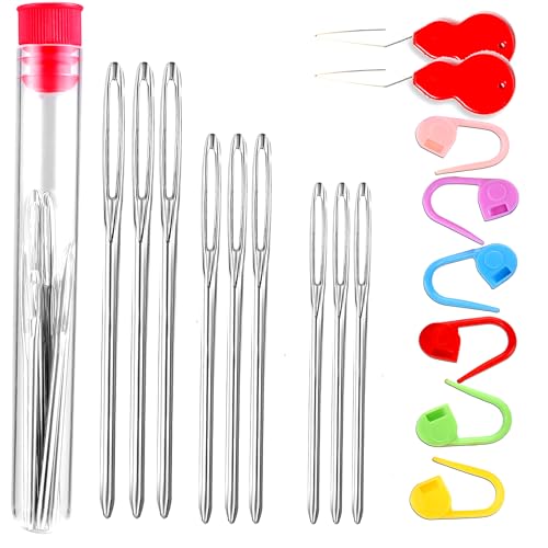 17 Pcs Sewing Knitting Kits, 9 Pcs Large-Eye Blunt Yarn Needles, 2 Pcs Needle Threader, 6 Pcs Colorful Knitting Crochet Locking Counter Stitch Needle, Suitable for Crochet Project - color: 17 PCS