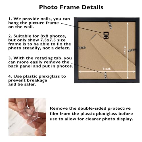 JCJMY 8x8 Picture Frame Black for Wall Hanging or Tabletop, Wall Mounting Horizontally or Vertically, 8 x 8 Square Wall Gallery Poster Photo Frame with Shatter Resistant Plexiglass, Black - color: Black, size: 8x8 inch