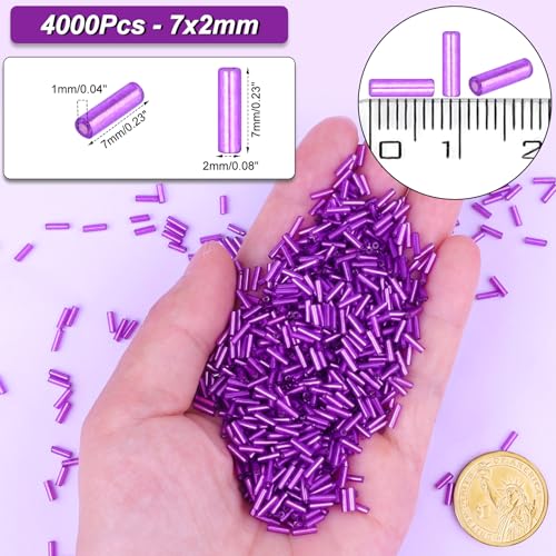 4000 Pcs Bright Purple Glass Bugle Beads, 2 x 7 mm Embroidery Beads, Small Long Tube Seed Beads for Embroidery Craft Jewelry Making - color: Bright Purple