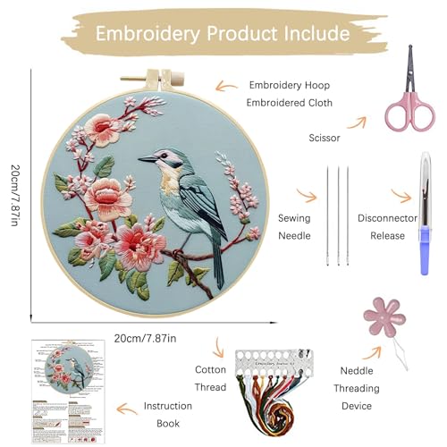 ARTopet Embroidery Kit for Beginners Cross Stitch Kits Needlepoint Set Colorful Bird Patterns Embroidery Thread Kit for Craft Lover Hand Stitch with 7.87in Hoop Threads Fabric-Bird04 - color: Bird04