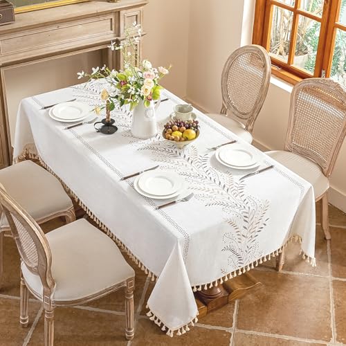 Alsoo Rectangle Tablecloth 55" x 75", Farmhouse Linen Style Table Cloth with Brown Fern Embroidery & Tassels, Heavy Weight Wrinkle & Spill Resistant Table Cover for Dining Kitchen (4-6 Seats) - color: Brown Ferns, size: 75" x 55" (Rectangular)