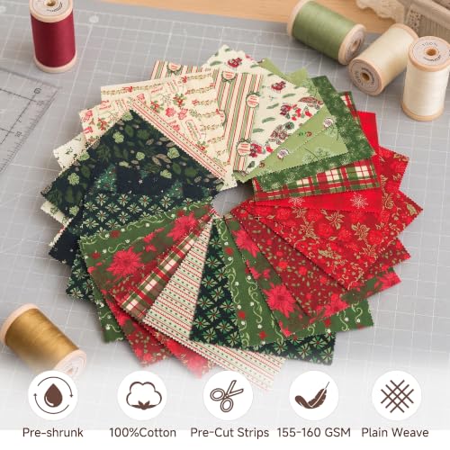 5" Cotton Fabric Squares, 40 Pcs Christmas Charm Pack Fabric for Quilting - color: Winter Noel