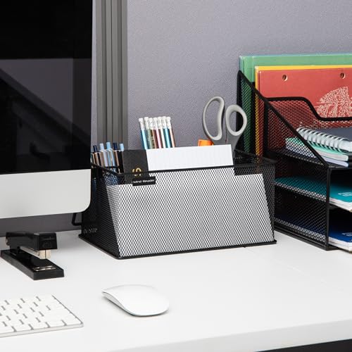 Mind Reader Multi-purpose Storage Caddy with Handle, Desktop Organizer, Cutlery Holder, 4 Compartments, Metal Mesh, Black - color: Black, size: Single