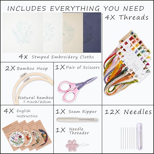 Bonroy 4 Sets Embroidery Kit for Beginners with Instructions,Cross Stitch Kits for Adults with Pattern,Needlepoint Kits for Adult Include Embroidery Cloth Hoops Needles Threads - color: flowers7
