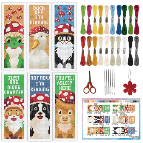 INFUNLY 6 Set Goose in Mushroom DIY Cross Stitch Bookmark Kits for Beginners Cat Dog Counted Cross Stitch Kit with Instruction Frog Cow Mushroom Embroidery Bookmark Kit for Book Lovers Readers Gifts - style: Animal Mushroom Heads